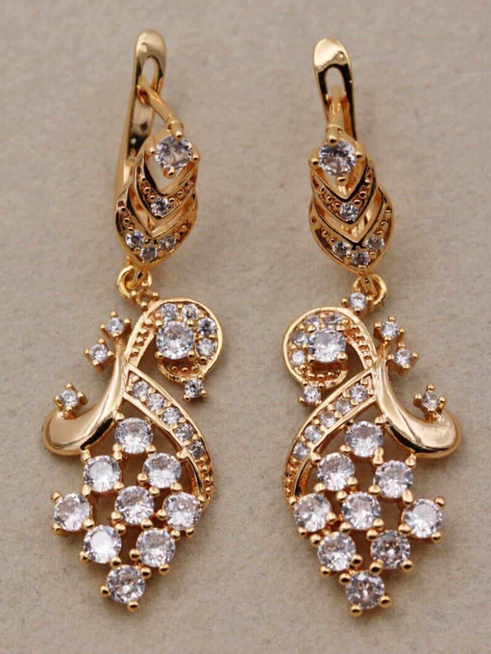 18K Yellow Gold Filled Flower Chandelier White Diamond Zircon Dangle Earrings - Picture 2 of 4